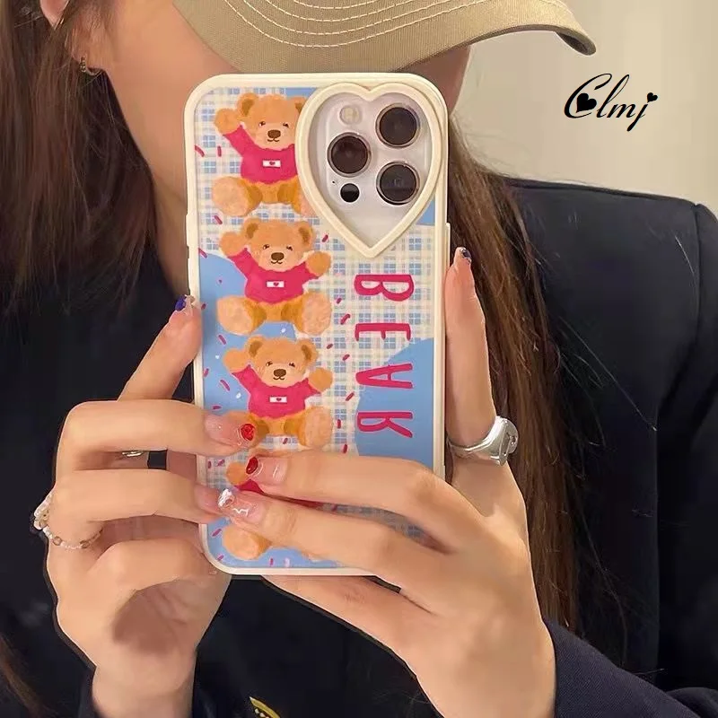 

Clmj Cute Bear Phone Case For iPhone 12 11 Pro Max XR 7 8 Plus X XS Heart Lens Phone Case Silicone Case INS Y2K Christmas Gifts