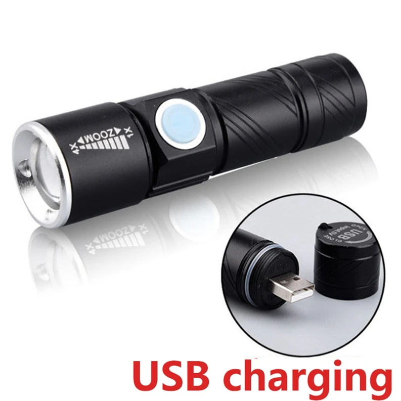 

Mini Portable USB RechargeableLED Flashlight Torch Outdoor Camping LightWaterproof Zoomable Lamp Bicycle 3Mode Handy Flash Light