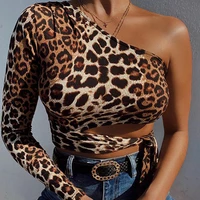 sexy one shoulder cropped tops leopard print lace up t shirts for women slim fashion autumn winter tees new