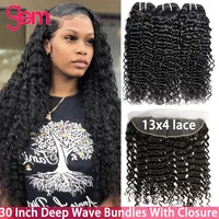 30 inch deep wave bundles with frontal gem hair brazilian 3 4 bundles human hair weave extension hd 5x5 closure with bundles