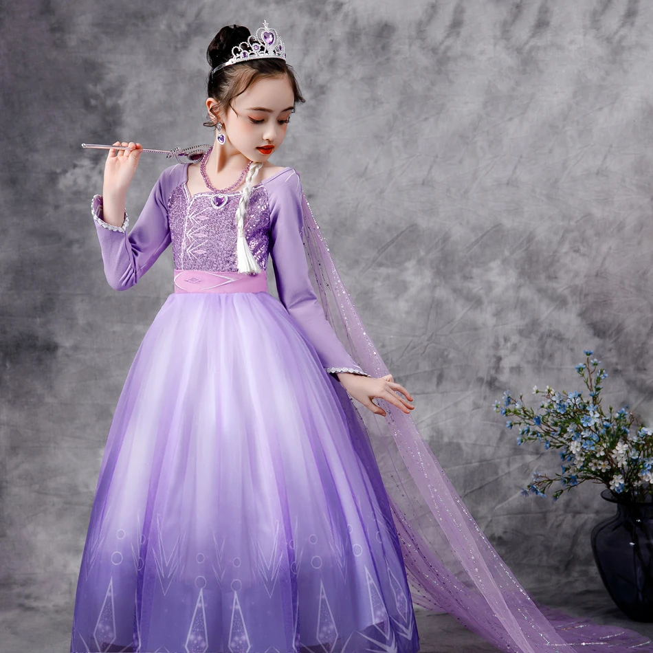 Frozen Elsa Dress Snow Queen 2 Girls Princess Dress Purple Long Sleeve Christmas Carnival Kids Cosplay Costume Wedding Dress