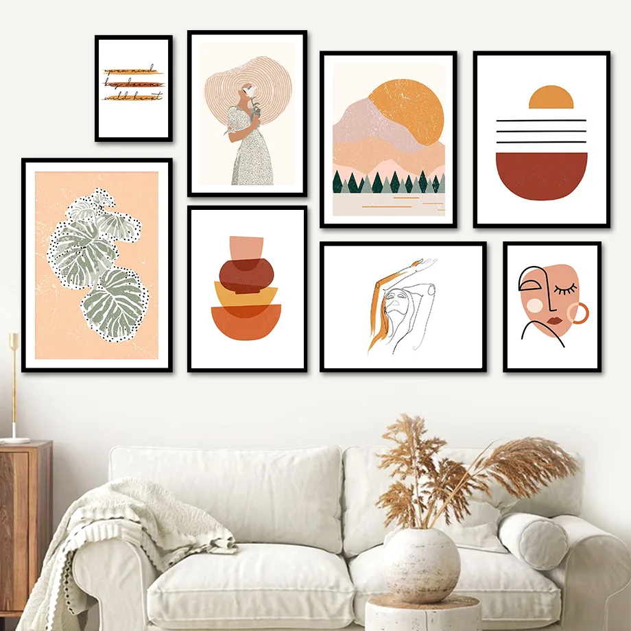 

Girl Monstera Line Mountain Color Block Wall Art Canvas Painting Nordic Posters And Prints Wall Pictures For Living Room Decor