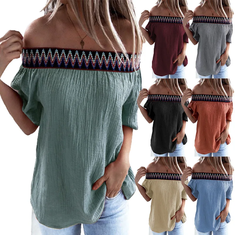 

Fashion Sexy Women One Word Off-Shoulder Summer 2021 T-Shirt Pure Color Loose Cotton Top Short Sleeve Elegant Blusa Feminina