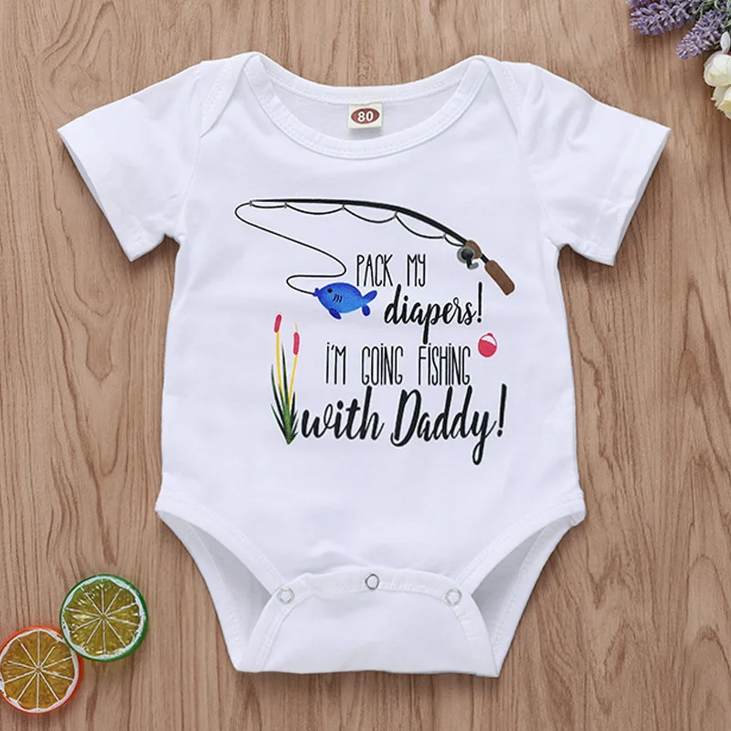 Одежда для новорожденных белый комбинезон с надписью Fishing with Daddy боди короткими