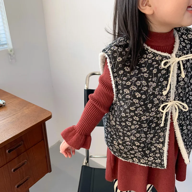 

Зимние милые флисовые жилеты с цветочным рисунком для девочек, детский универсальный плотный теплый жилет с бантом, верхняя одежда