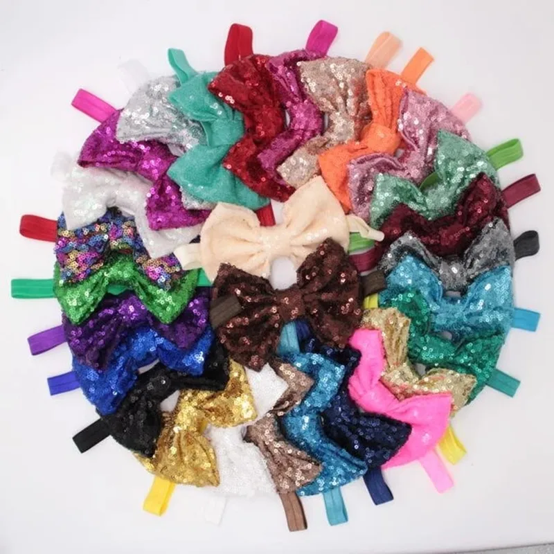 

20pcs/lot 32 Colors 5" Knot Glitter Sequin Messy Bow Solid FOE Elastic Headband For Baby Children Turban Headband Hairbows