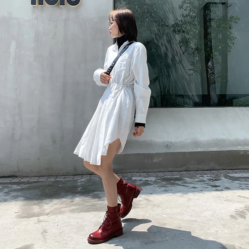 Jual Sepatu Bot Wanita Kulit Sapi Asli Mordoan Sepatu Bot Pendek Bertali Ujung Bundar Wanita Sepatu Bot Flat Hak Tebal Wanita Gaya Inggris