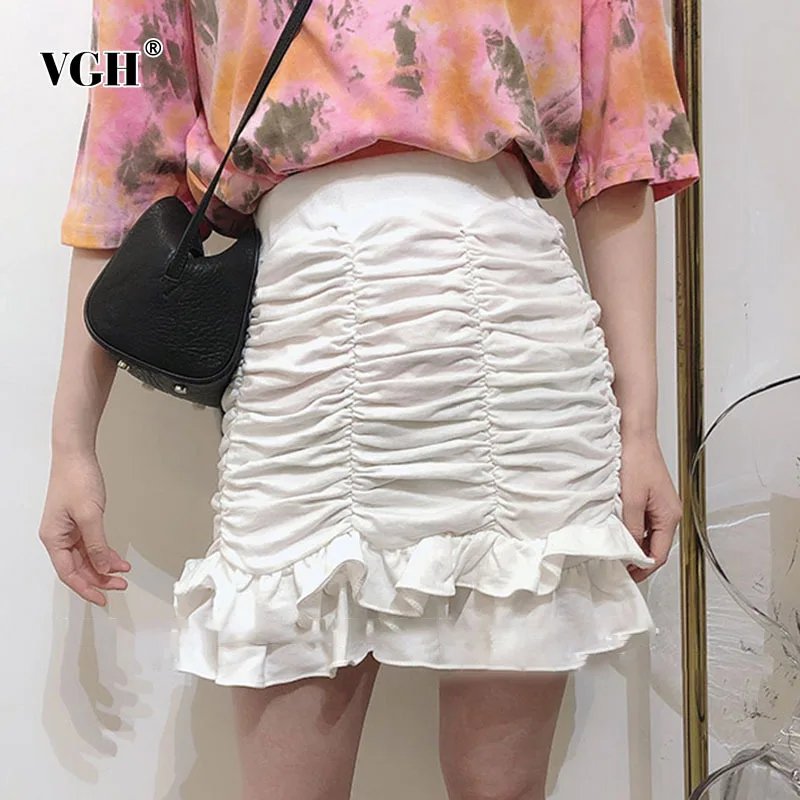 

VGH Casual Solid Ruched Skirt For Women Elastic High Waist Korean Slim Bodycon Mini Dresses Females 2021 Summer Fashion Clothing