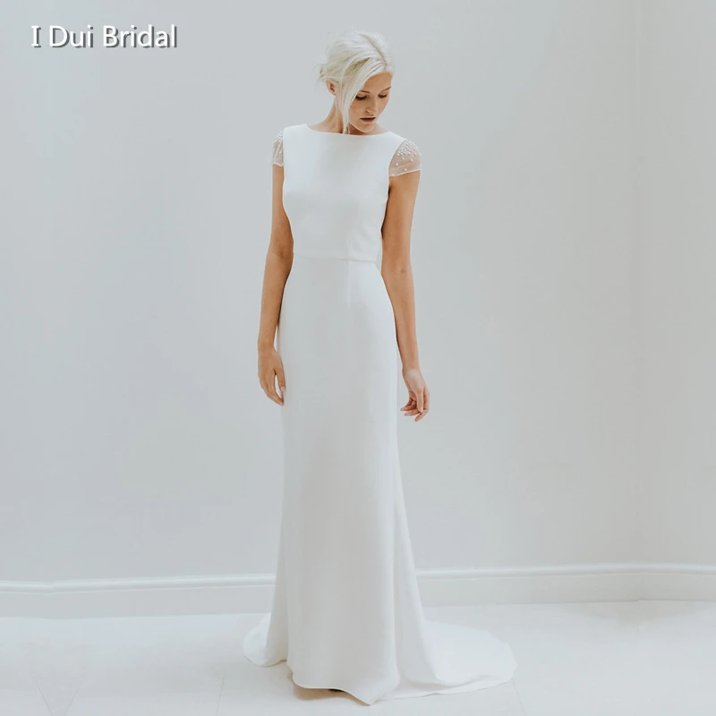 Простая Кепка свадебное платье из крепа высокого качества с низкой спинкой