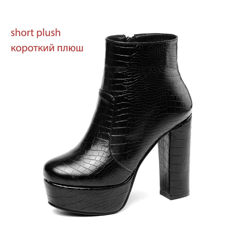 WETKISS Emboss/пикантные ботинки на платформе с круглым носком из искусственной кожи; женские ботинки на Высоком толстом каблуке; обувь на молнии; женская обувь для вечеринок; женская зимняя обувь; - Цвет: black  short plush