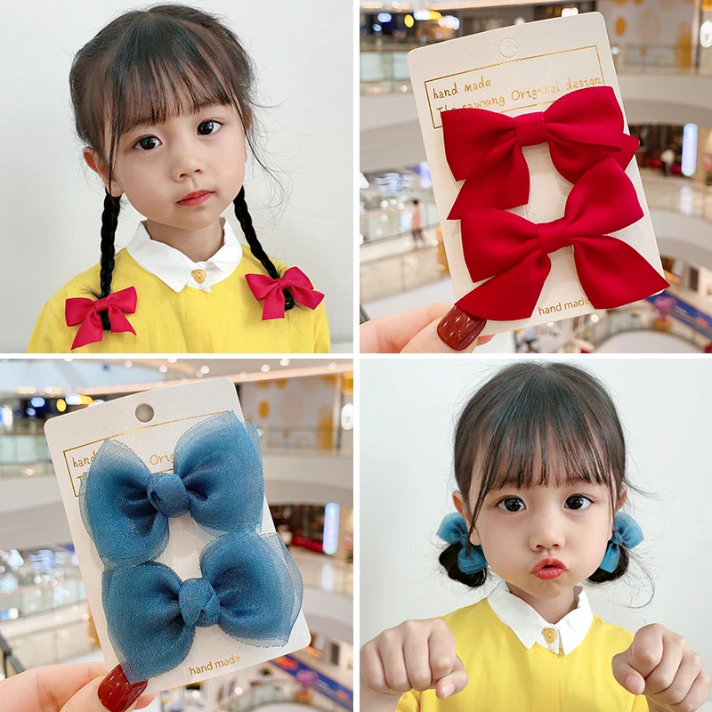 

2 Pcs/Set Children Cute Colors Satin Knotted Double Bow Ornament Hair Clips Girls Lovely Hairpins Kids Fashion Hair Accessories