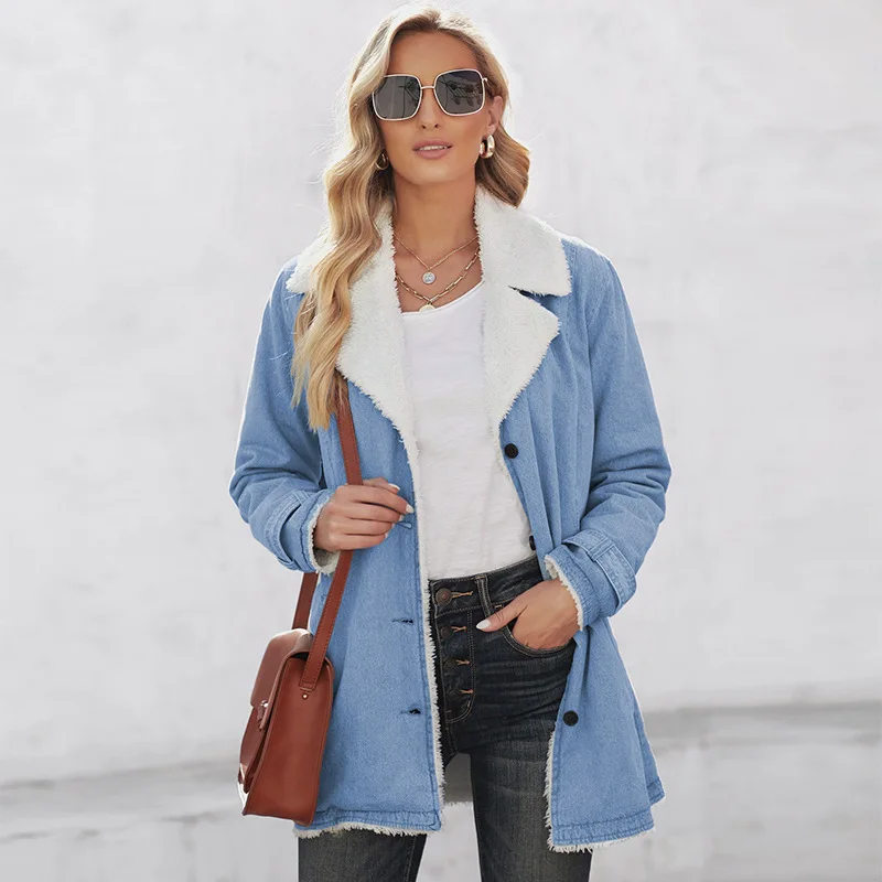 

Winter Ladies Long Sleeve Parkas Lapel Collar Button Fleece Jacket Denim Design Wool Fabric Soft Warm Coat Thicker Outerwear