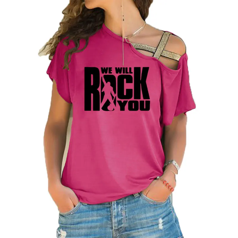 We Will Rock You, женская футболка, летняя, queen, рок-группа, футболка, короткий рукав, хлопок, рок-ролл, для женщин, с неровным перекосом, крест, топы - Цвет: 17