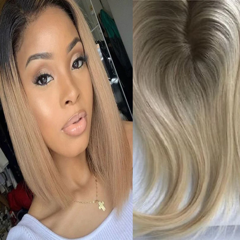 Ombre Blonde Topper Lace+PU Remy Human Hair Toppers Toupee Women 13*15cm 8-20 inches Two Tone Balayage Color For White Women
