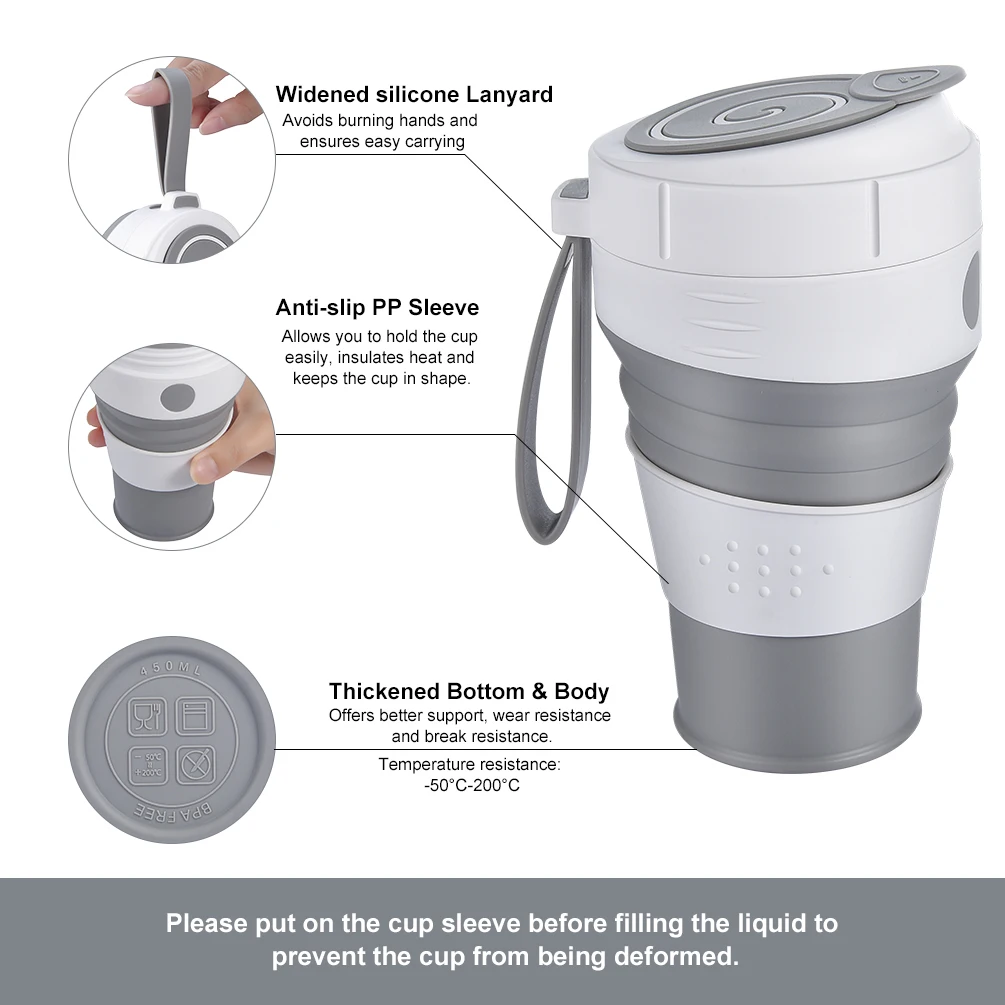450 мл силиконовая складная чашка кофейная кружка для путешествий с герметичной