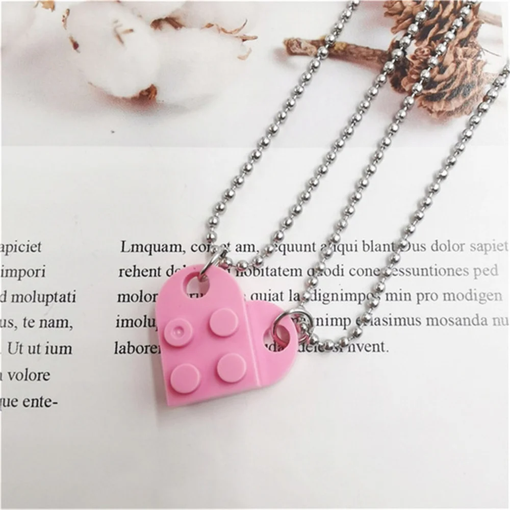

Cute Fashion Men Women Tin Alloy Double Chain Choker Acrylic Lego Heart Rectangle Pendant Casual Party Necklace Jewelry