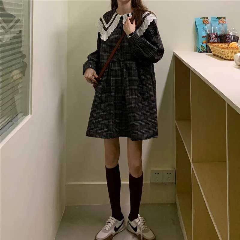 

Japanese Vintage Sweet Soft Sister Dress Kawaii Lace Doll Collar Loose Plaid Dress Spring Autumn 2021 Women Fashion A-Line Dress