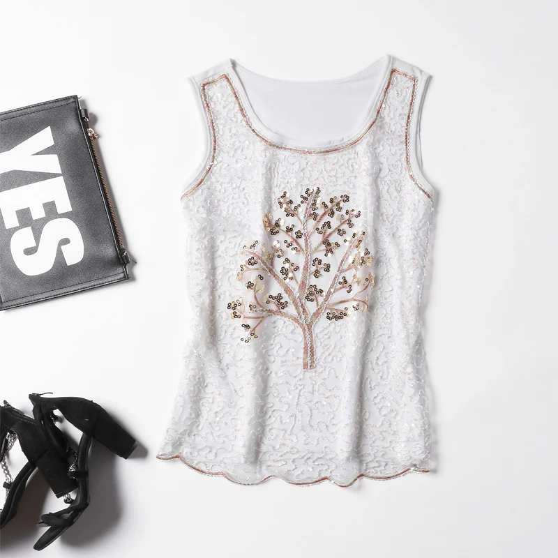 Женские майки с блестками однотонные свободные элегантные топы вышивкой для