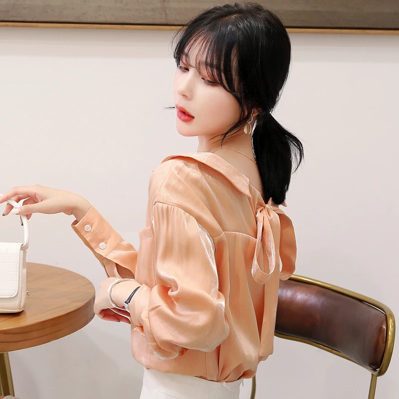 

Real Shot 2021 Autumn Summer Casual Temperament Women Half Open Collar V-Neck Long Sleeves Loose Solid Blouse LX0044