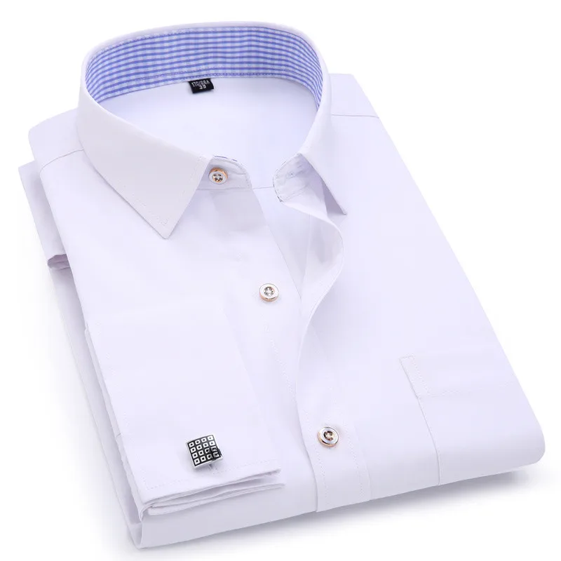

Dress Shirts French Cuff Blue White Long Sleeved Business Casual Shirt Slim Fit Solid Color French Cufflinks Shirts men shirts
