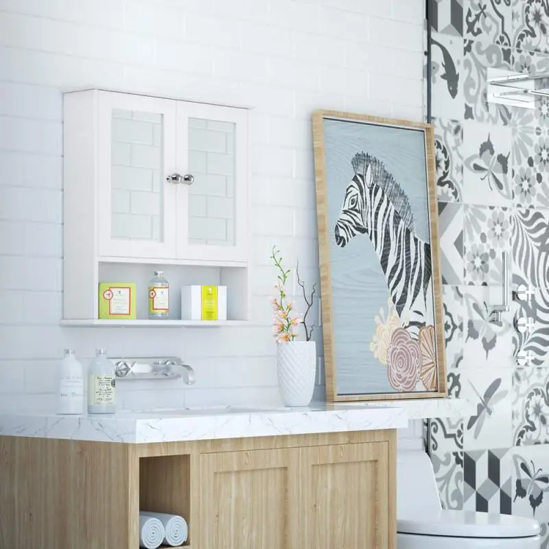 

New Bathroom Cabinet Double Door Mirror Cabinet Wall Mounted Cabinet Toilet Bathroom Furniture Shelf Cosmetic Storage Rack HWC