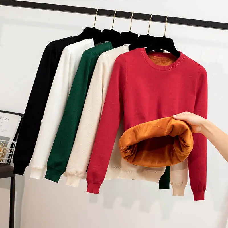 

Autumn Winter Plus Velvet Thicken Sweater Women Long Sleeve Short Knitted Women Pullover Jumper O-Neck Warm Ladies Tops C6474