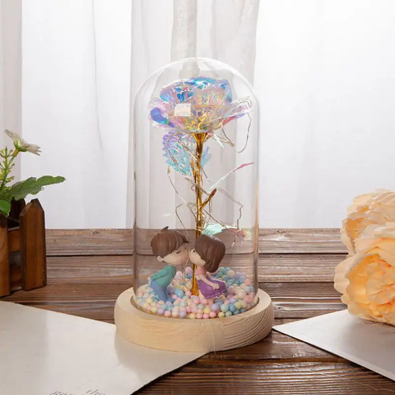 

Cartoon 24K Glass Dome Gold Foil Rose Artificial Flower With Lamp Valentine's Day Gift Home Decoration 2020 Valentine Day
