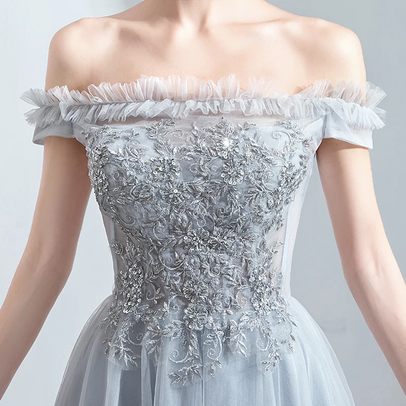 

Gray Luxury Evening Dress Illusion Off The Shoulder Short Tulle A-Line Sequined Embroidery Elegant Women Formal Dresses TS208