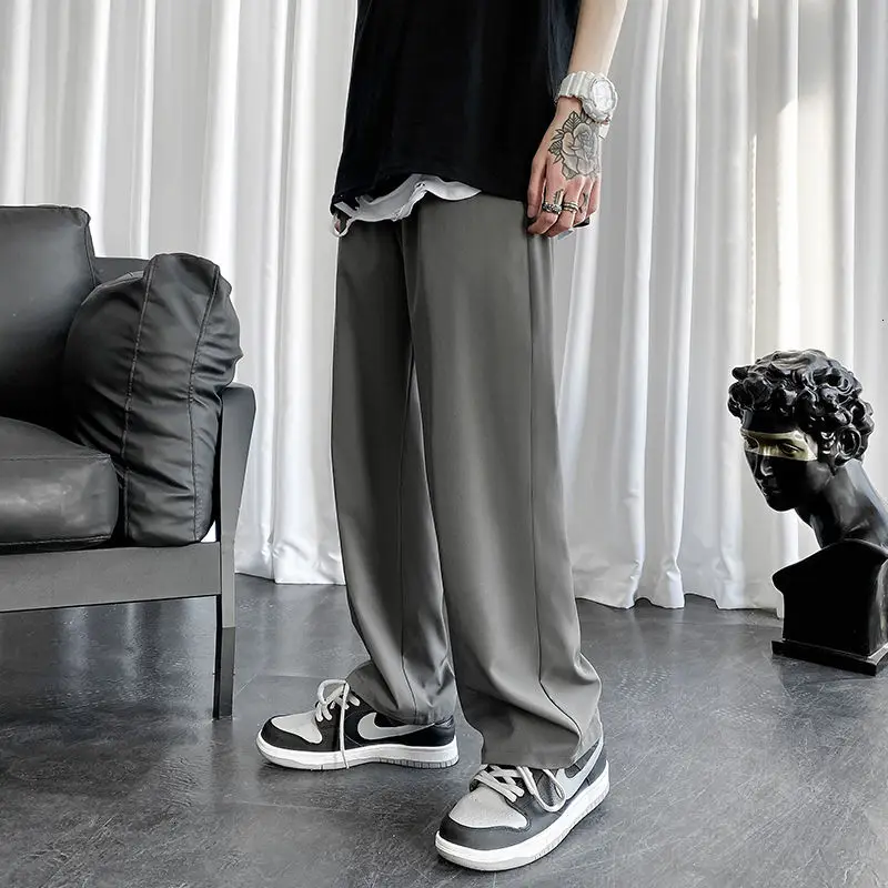 

Summer Silk Ice Wide Leg Pants for Men Streetwear Solid Color Casual Straight Pants Plus Size Trousers
