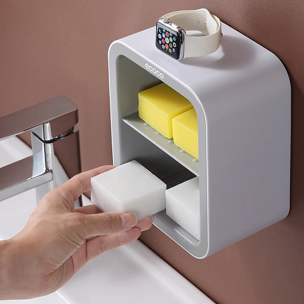

Portable Bathroom Soap Dish Wall Mounted Soap Holder Plastic Organizer Double Storage Shelf Bathroom Accessories