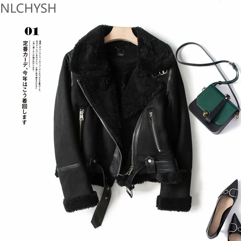 

Women Winter Faux Shearling Sheepskin Fake Leather Jackets Lady Thick Warm Suede Lambs Short Motorcycle Brown Coats