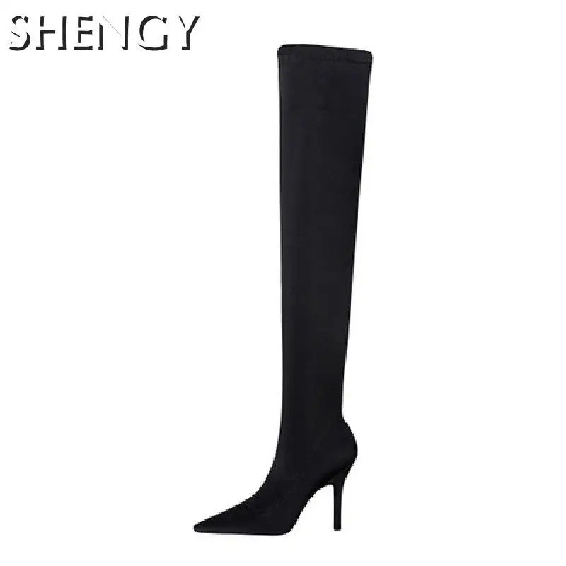 

New Women Winter Shoes Pointed Toe Solid Color Flock Warm Ladies Knee High Boots Temperament Sexy Party Boots for Female