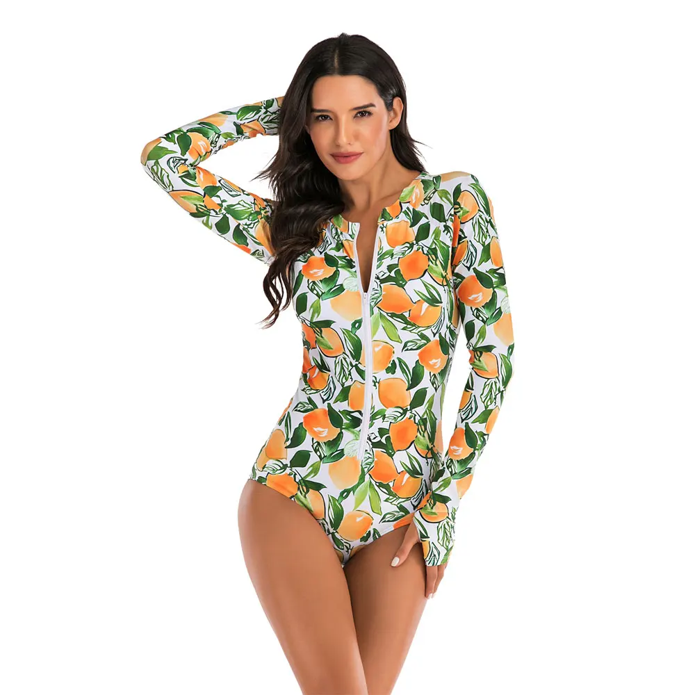 Женский слитный купальник с длинным рукавом и принтом защитой от