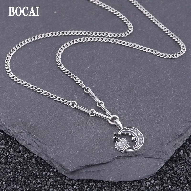 

BOCAI New 2021 Trendy 100% Pure S925 Silver Jewelry Crown Moon Woman Necklace Retro Temperament Student Clavicle Chain