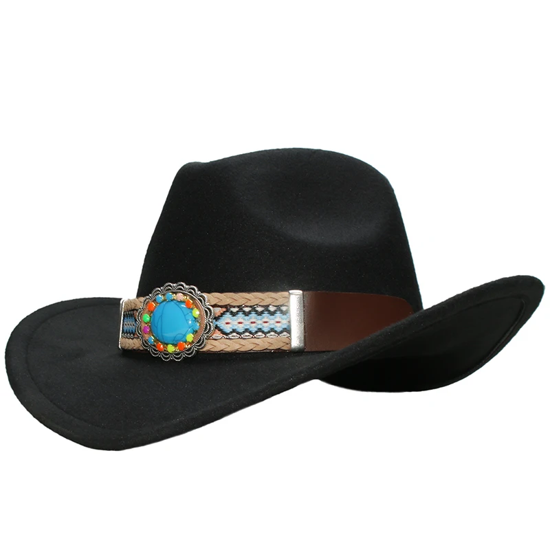 

Turquoise Bead Knitted Leather Band Wool Felt Wide Brim Cowboy Western Hat Cowgirl Bowler Sombrero Cap (Choose Size 54-61cm)