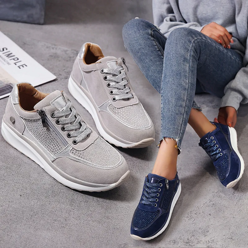 

Women Sneakers Vulcanized Shoes 2021 Fashion Flat Sports Shoes Ladies Zipper Lace Up Comfortable Sneakers Female Wedges Shoes