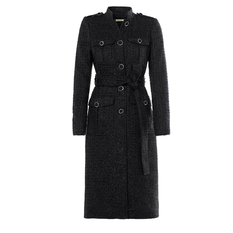 

Black Tweed coat Long autumn /winter women's coat jacket Business ladies one-piece bright wire braided tweed jacket