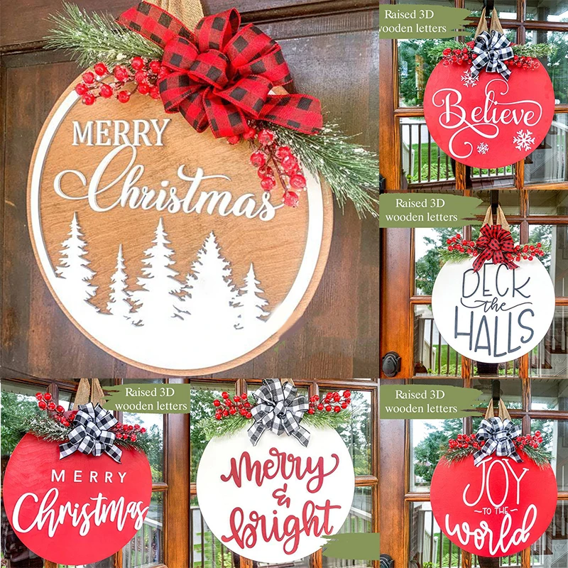 

Счастливого Рождества, знак приветствия, деревянная входная дверь, подвесной знак с красными фруктами и бантом, фермерский висячий Венок, В...