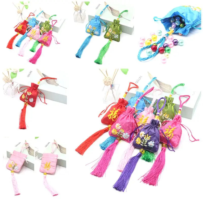 1 шт./Высококачественная атласная сумка на шнурке с вышивкой и кисточками