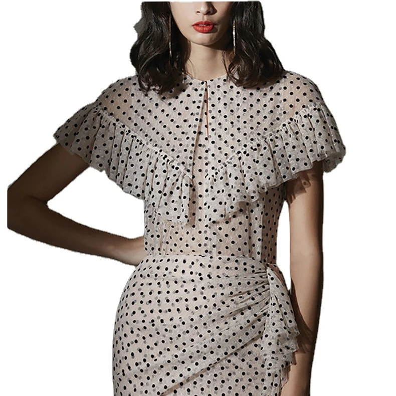 

French Retro Polka Dot Small Polka Dot Skirt Suit Female Black and White with Two-piece Dress Dress Impreso Floral Saten