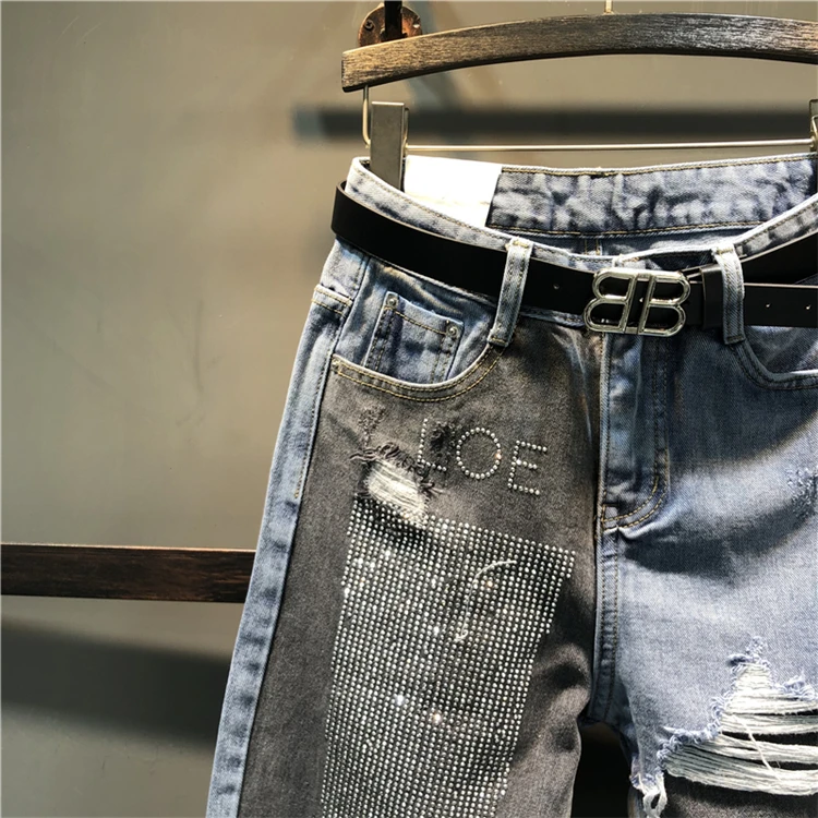 Spring Autumn Fashion AB Face Hit Color Stitching Jeans Women Diamond Ankle Length High Waist Harem Pants J459