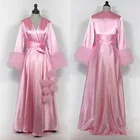 Женская пижама из мягкого шелка, розовая ночная рубашка с длинным рукавом и поясом, свадебная Пижама