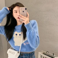 korean fashion o neck blue lovely cat pullover knitted sweater short sweater 2022 autumn winter new womens knitted sweater top