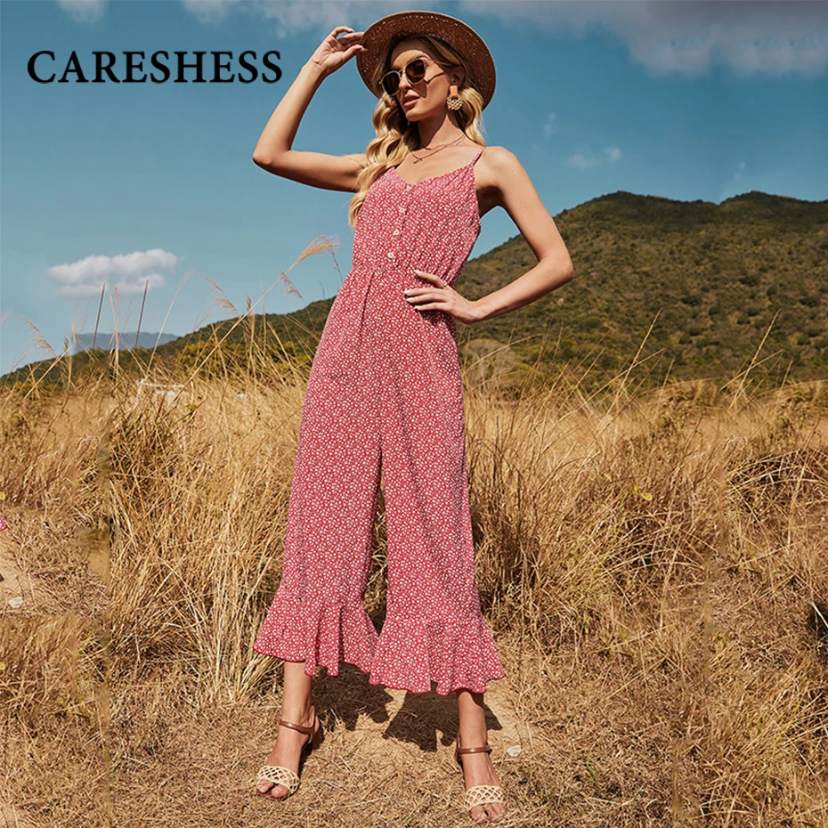 

CARESHESS летние женские свободные мешковатые длинные брюки без рукавов с V-образным вырезом, повседневные брюки с цветочным принтом, однотонны...