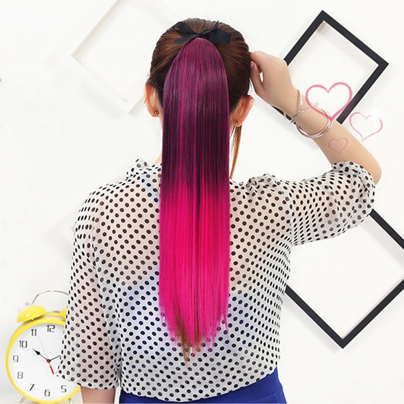 

ZM с эффектом деграде (переход от темного к прямые брюки шнурок шиньон конский хвост из натуральных волос кусок волос клип из синтетического ...