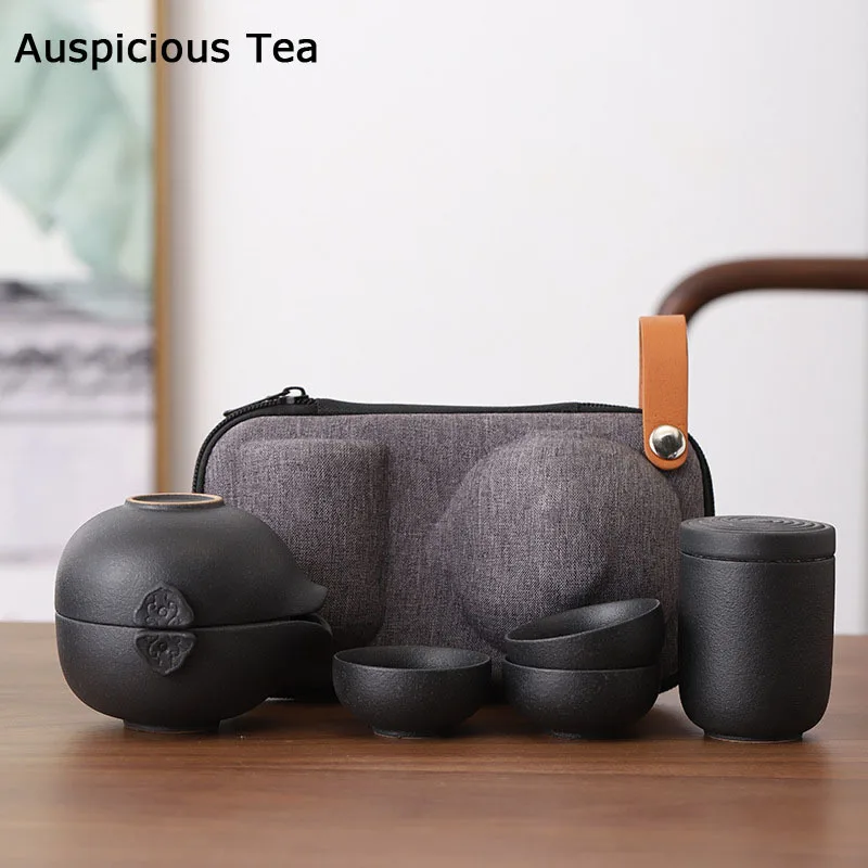 

Ceramic Travel Kung Fu Tea Set Teaware Black Pottery One Teapot Three Tea Cups Tea Caddy Portable Tea Pot And Cup Suit