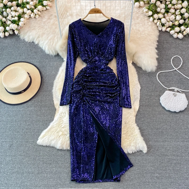 

Evening Dress for Women Autumn and Winter New Elegant V-neck Pleated Skinny Slimming Women's Slim Fit Sheath Sequins Dress