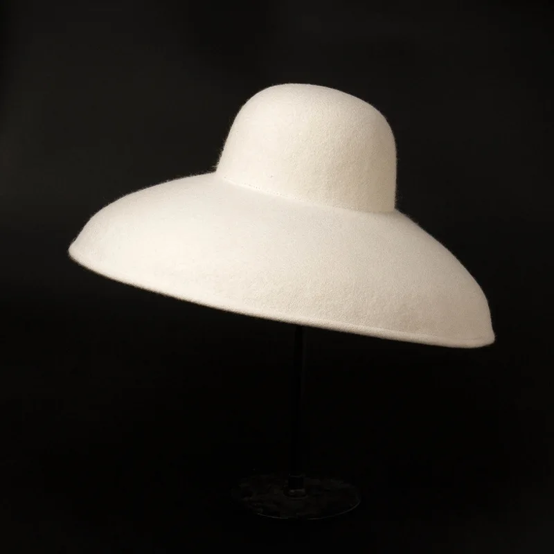 Classical Big Wide Brim Wool Felt Hat Lady Floppy Bowler Hat White Fedora hat women Winter Warm Hat Derby Church Party Dress Hat