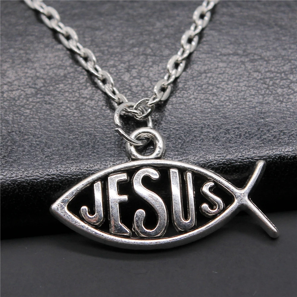 Античные серебряные Цвет 29x17 мм христианство рыбы медальон подвеска короткое