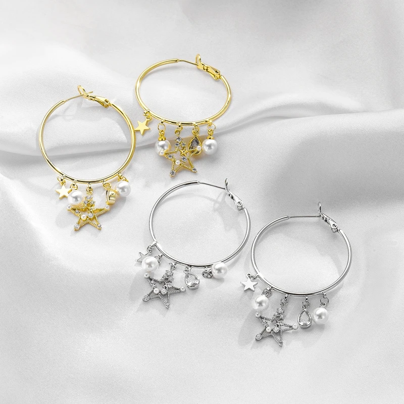 Новые Модные Винтажные большие серьги кольца с жемчугом и маленькими звездами